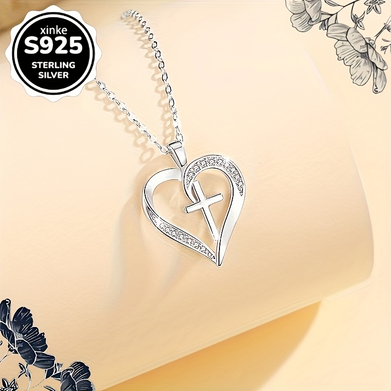 Women's Heart-Shaped Silvery Cross Necklace, Symbolizing Eternal Love